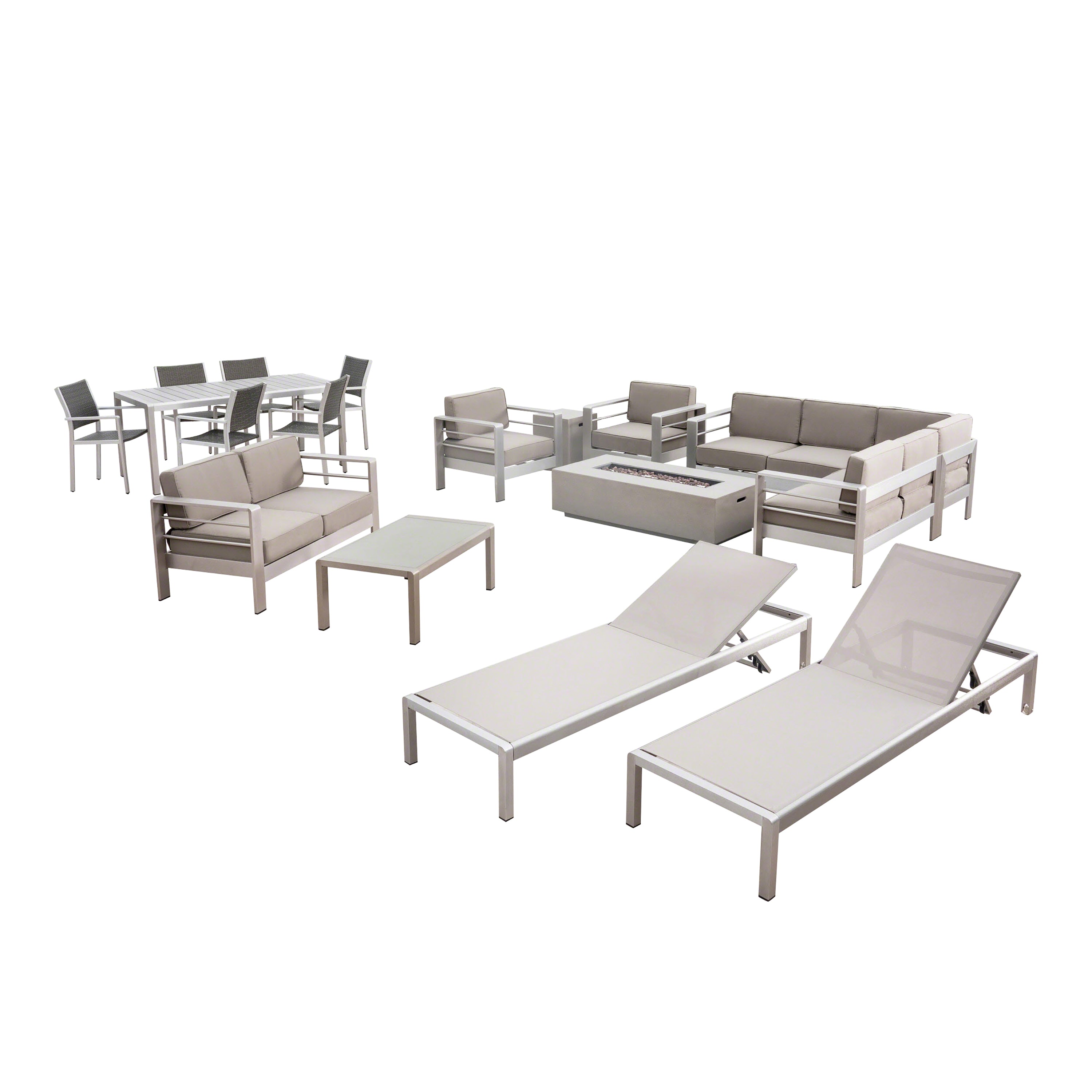 Crested Bay 7 Piece Dining Set + Sofa Set + 4pc Chat Set + Dark Gray Fire Pit + 2 Chaise Lounges