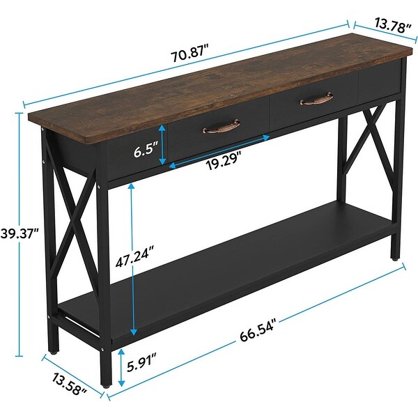 70.9 Inch Extra Long Console Table Sofa Table with Drawers，Walnut/White