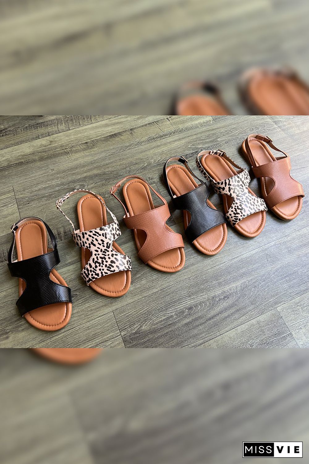 Open Toe Leopard PU Plat Sandals