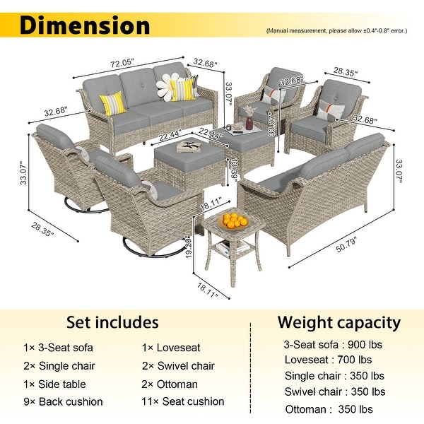 HOOOWOOO 9piece Patio Wicker Furniture Conversation Set with Swivel Chair and Loveseat Sofa