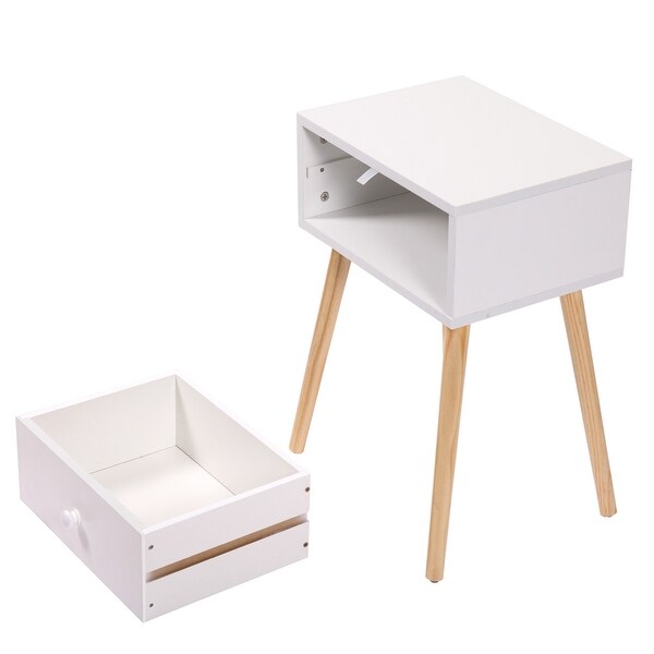 Modern Wood Nightstand /End Table with 1 Storage Drawer and 4 Solid Pinewood Legs，Set of 2