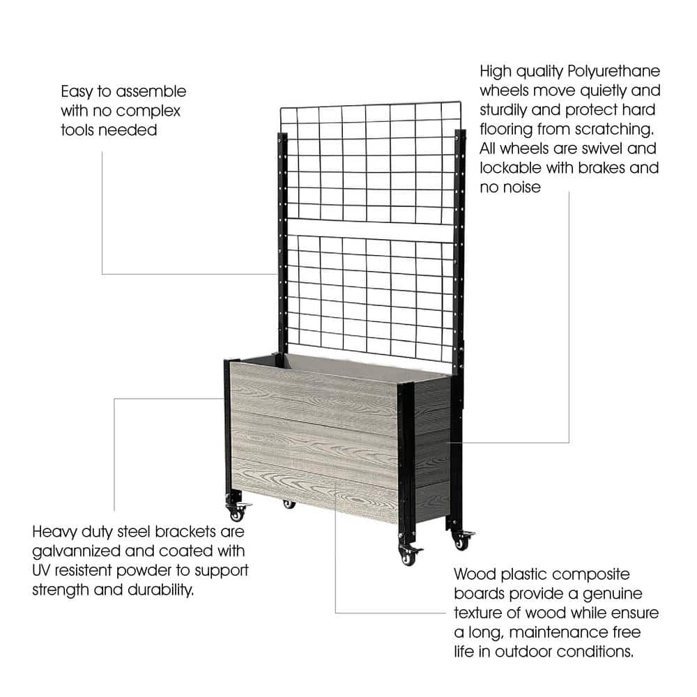 EverBloom 12 in. D x 57 in. H x 36 in. W Grey and Black Composite Mobile Deep Trough Planter Box Raised Garden Bed with Trellis K2121G