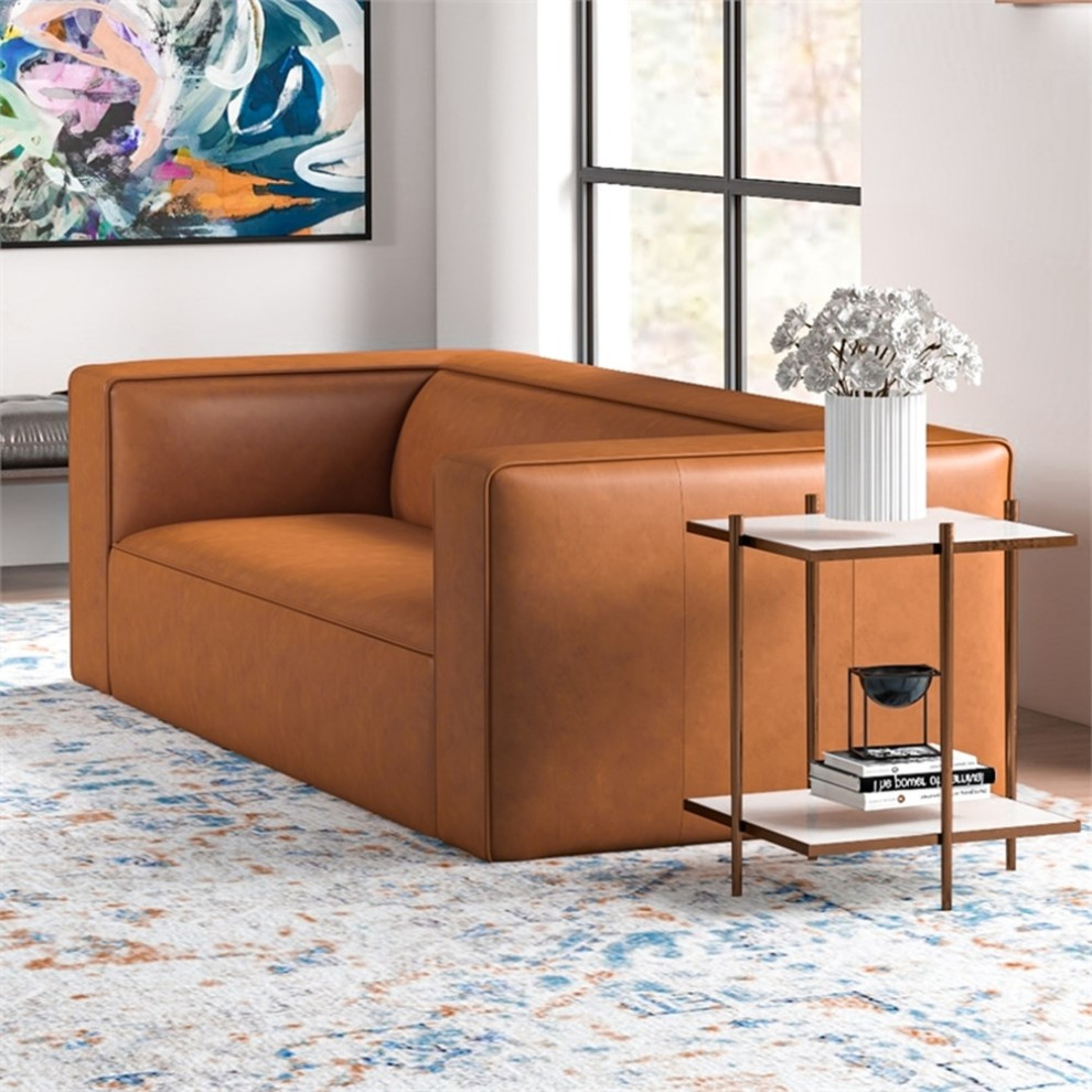 Pemberly Row 15  x27 x27Mid Century Genuine Leather Tight Back Sofa in Tan   Contemporary   Sofas   by Homesquare  Houzz