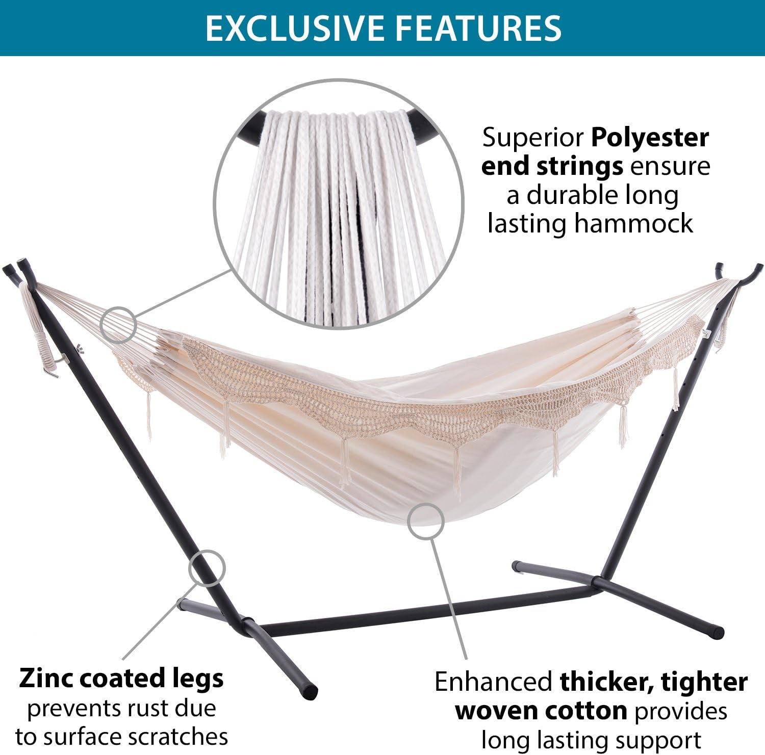 Double Cotton Hammock with Space Saving Steel Stand, Tropical (450 lb Capacity - Premium Carry Bag Included)