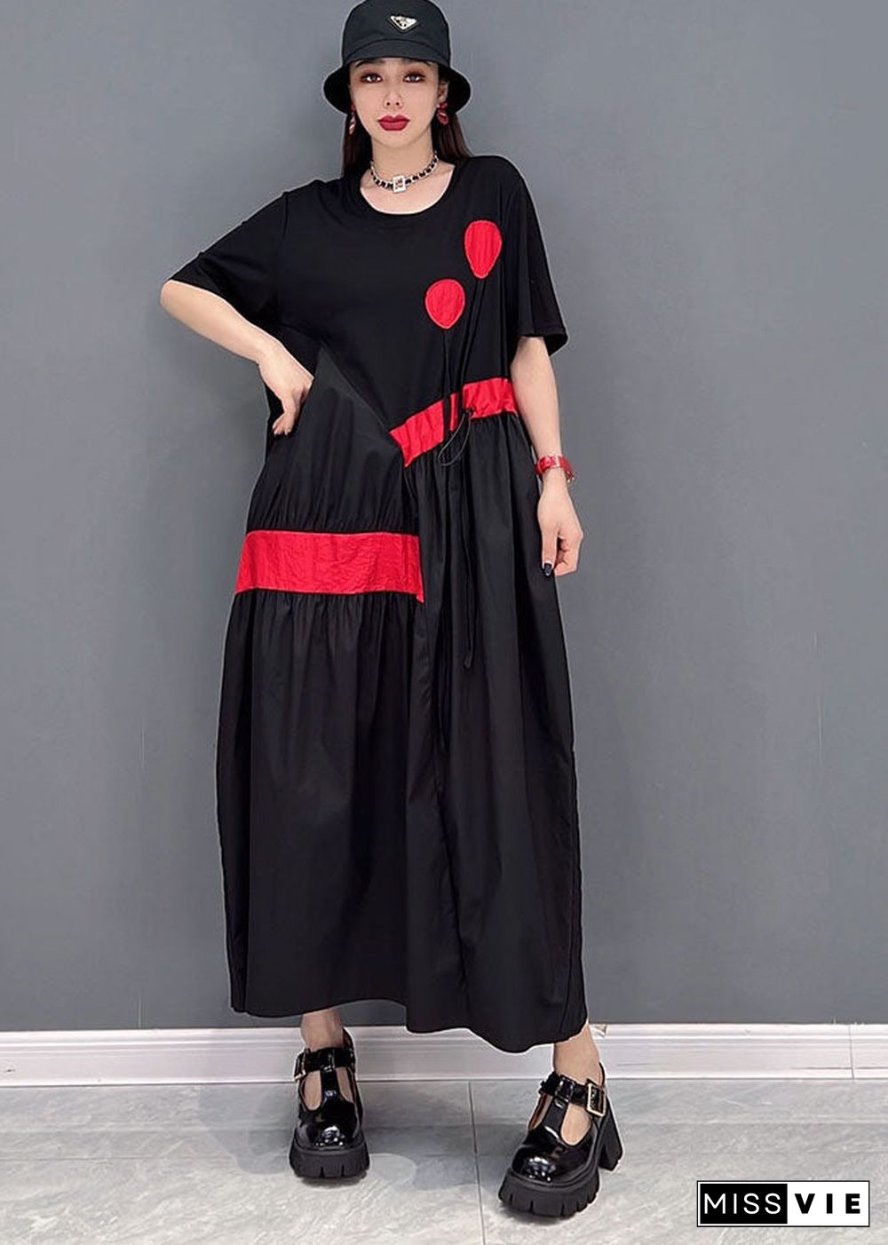 Stylish Streetwear Black Drawstring Asymmetrical Patchwork Cotton Pleated Dresses Short Sleeve