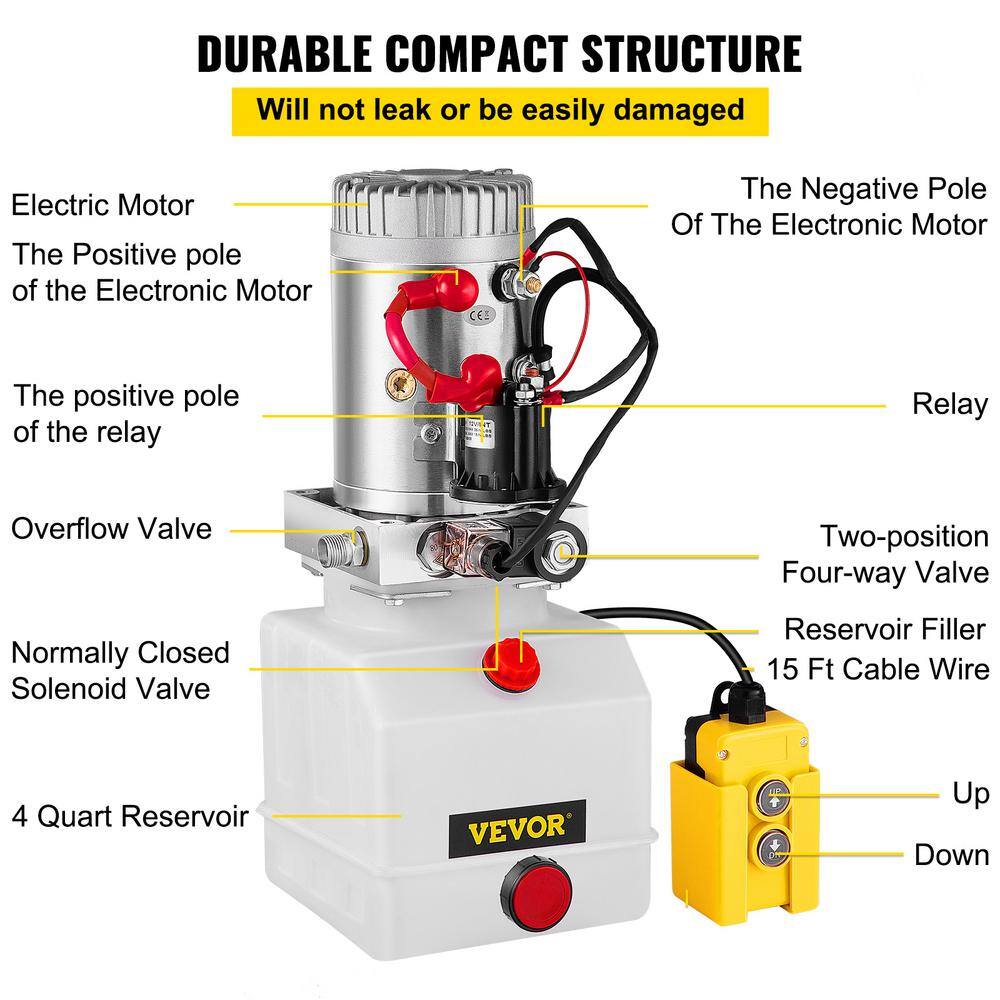 VEVOR 4 qt. 12-Volt Hydraulic Pump Hydraulic Power Unit Single Acting for Dump Trailer Lifting Platforms 4LCZYYBSLDZY00001V0