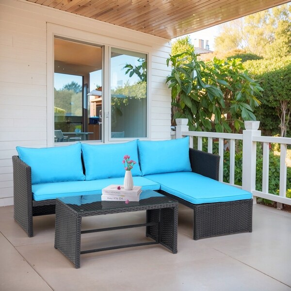 3 Pieces Patio Conversation Set，All Weather Outdoor PE Rattan Wicker Furniture Set with Cushions，Tempered Glass Coffee Table