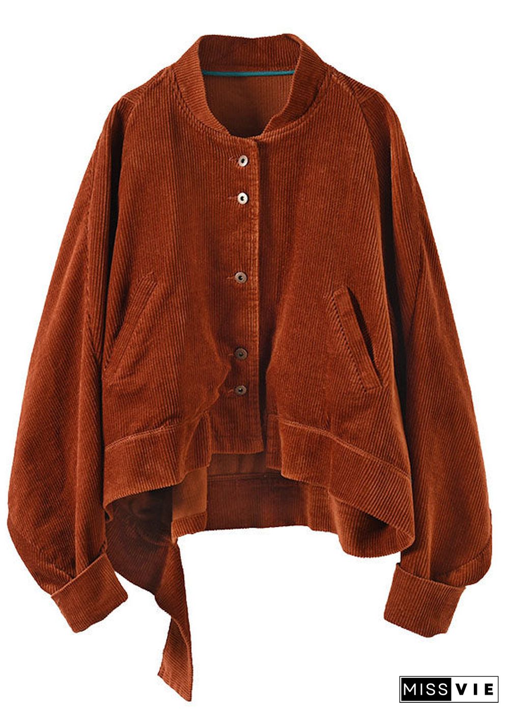 Women Caramel Pockets Button asymmetrical design Fall Corduroy Coat