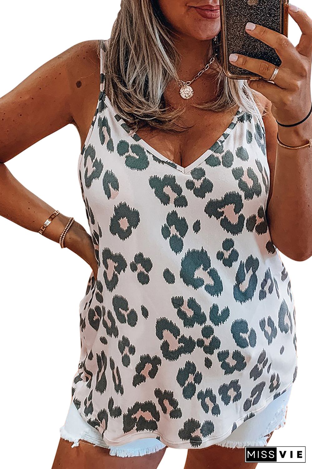 Leopard Printed V-Neck Vest Tank Top