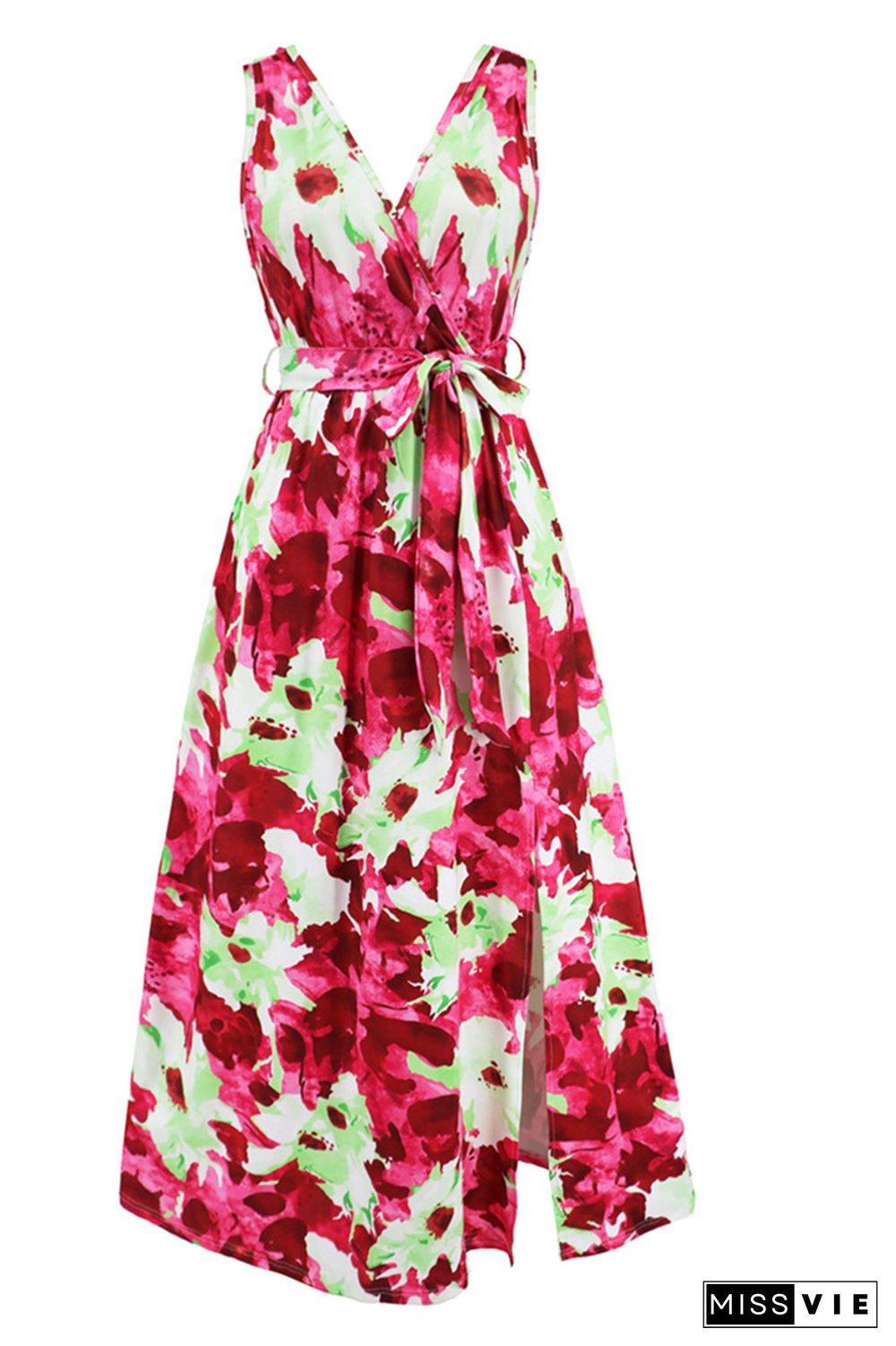 Wrap V Neck High Split Sleeveless Floral Maxi Dress