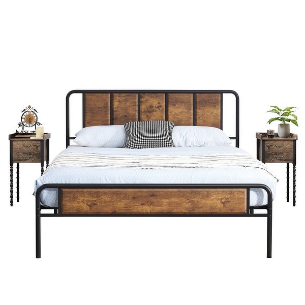 Taomika 3-pieces Industrial Bedroom Set Rustic Brown Bed Frame and Nightstands - - 35937072