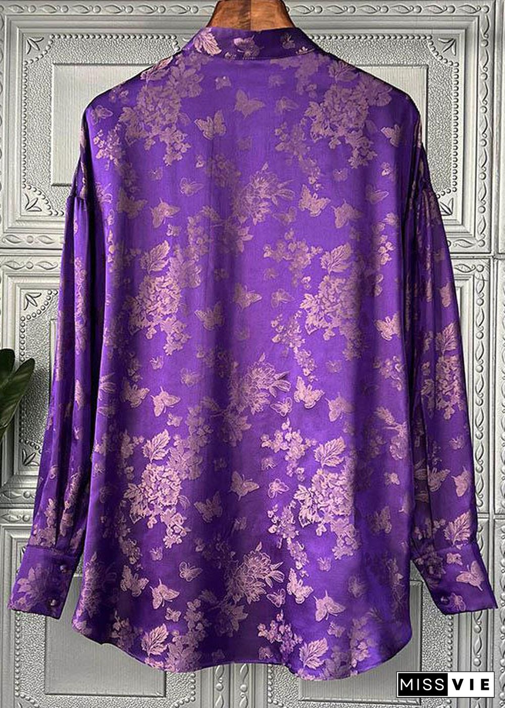 Women Purple Print Lace Up Patchwork Silk Shirts Long Sleeve