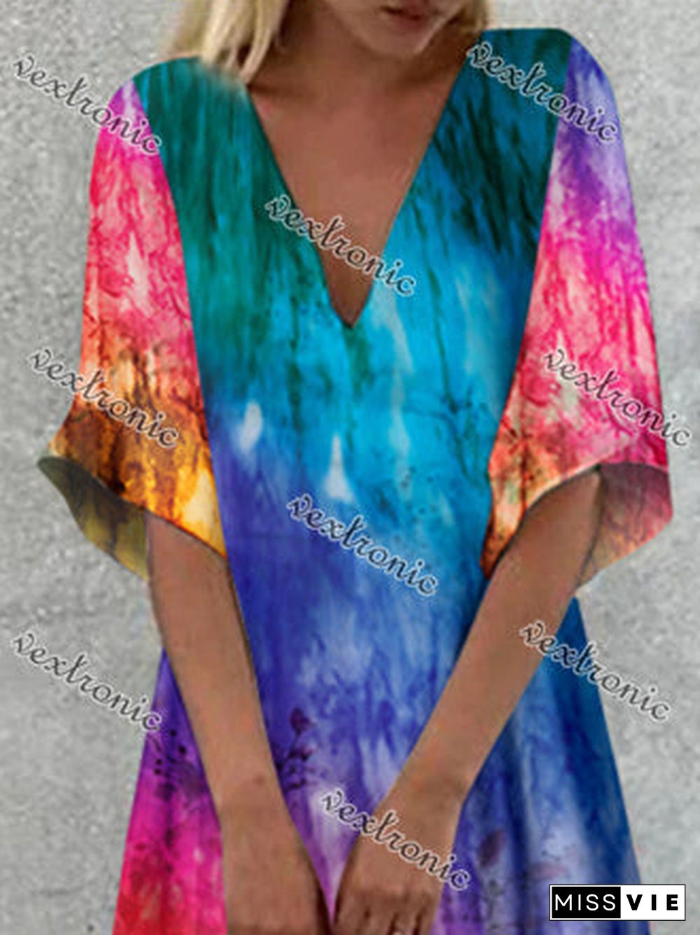 Women's Colorful V-Neck Half Sleeve Graphic Maxi Dress