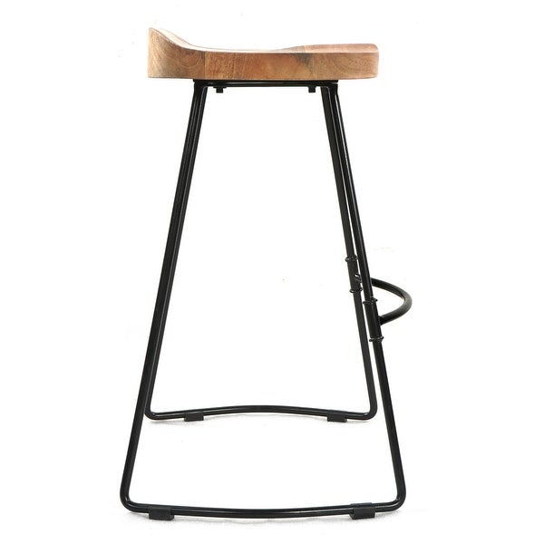 Tiva 24 Inch Handcrafted Backless Counter Height Stool， Brown Mango Wood Saddle Seat， Black Metal Base