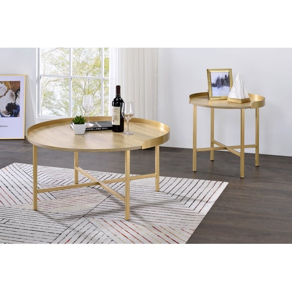 Contemporary Coffee Table with Gold Finish Round Table Top， Wood Sofa Table with Cross Bar Styled Metal Base for Living Room