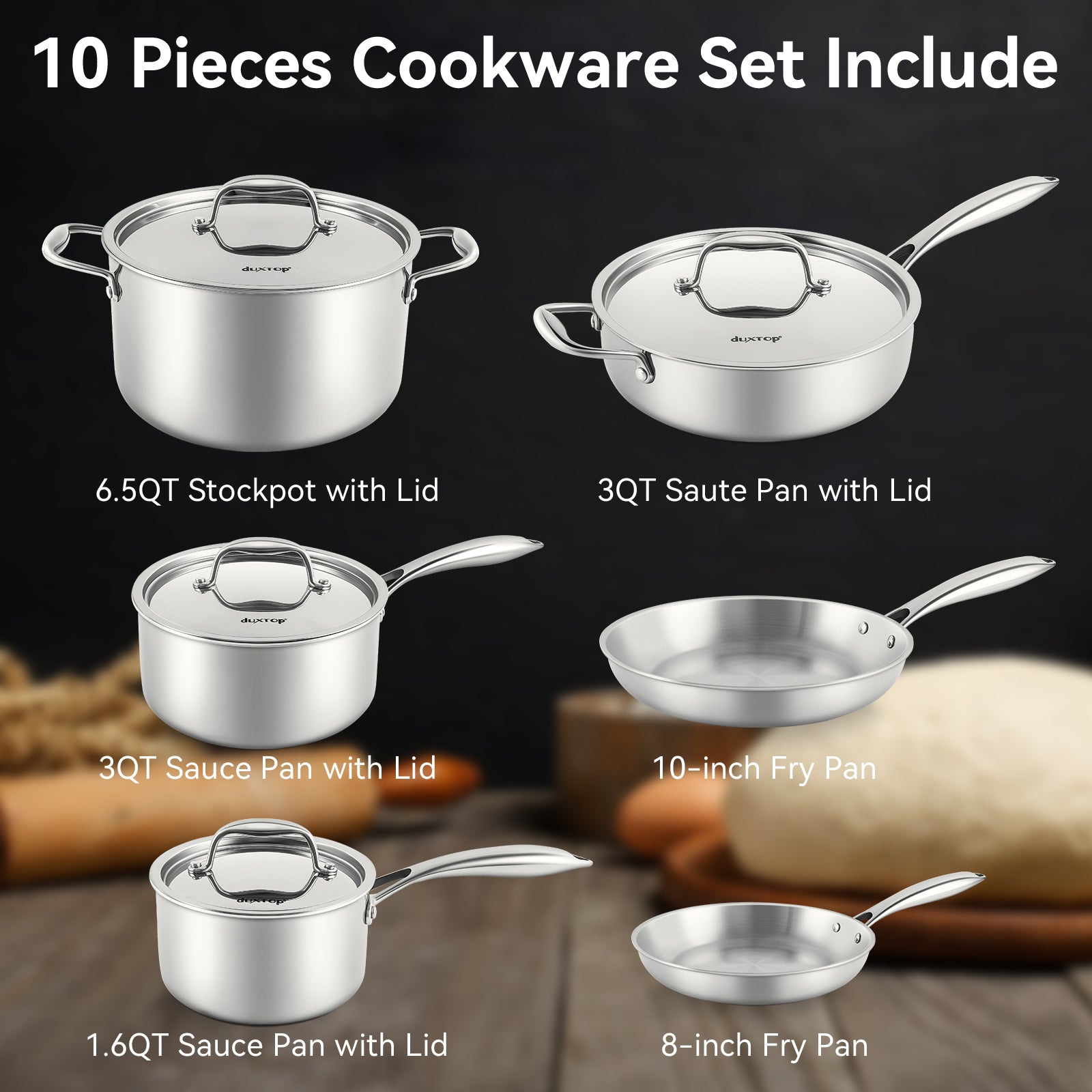 Duxtop Whole-Clad Tri-Ply Stainless Steel Induction Cookware Set， 10PC Kitchen Pots and Pans Set， Oven and Dishwasher Safe Cookware