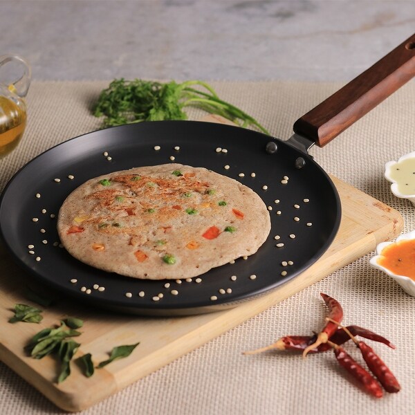 Wonderchef Ebony Non-Stick Anodized Dosa Tawa Griddle Pan 26.5 cm with Wooden Handle， Black