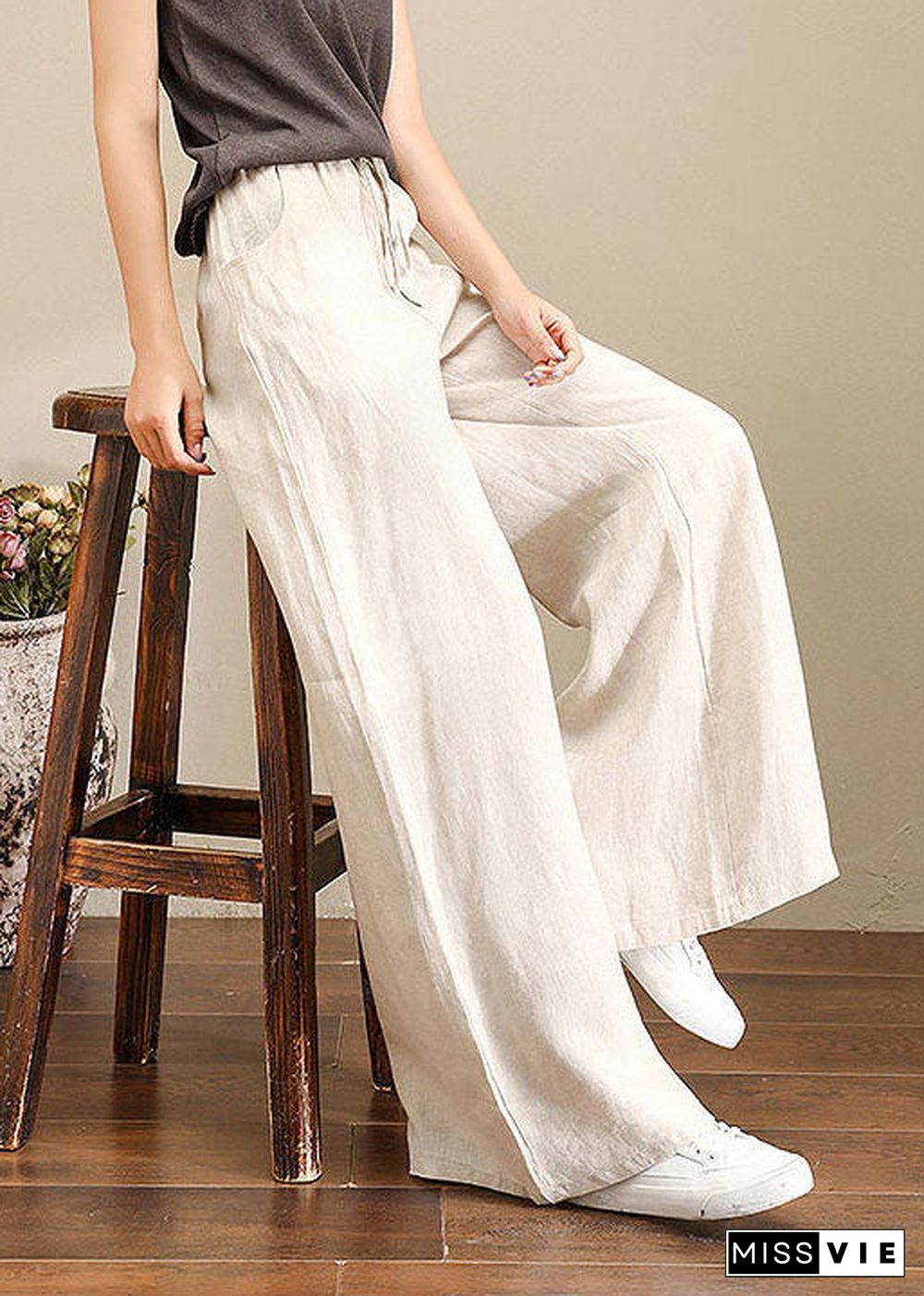 Orange Elastic Waist Linen Straight Pants Solid Color Drawstring Summer