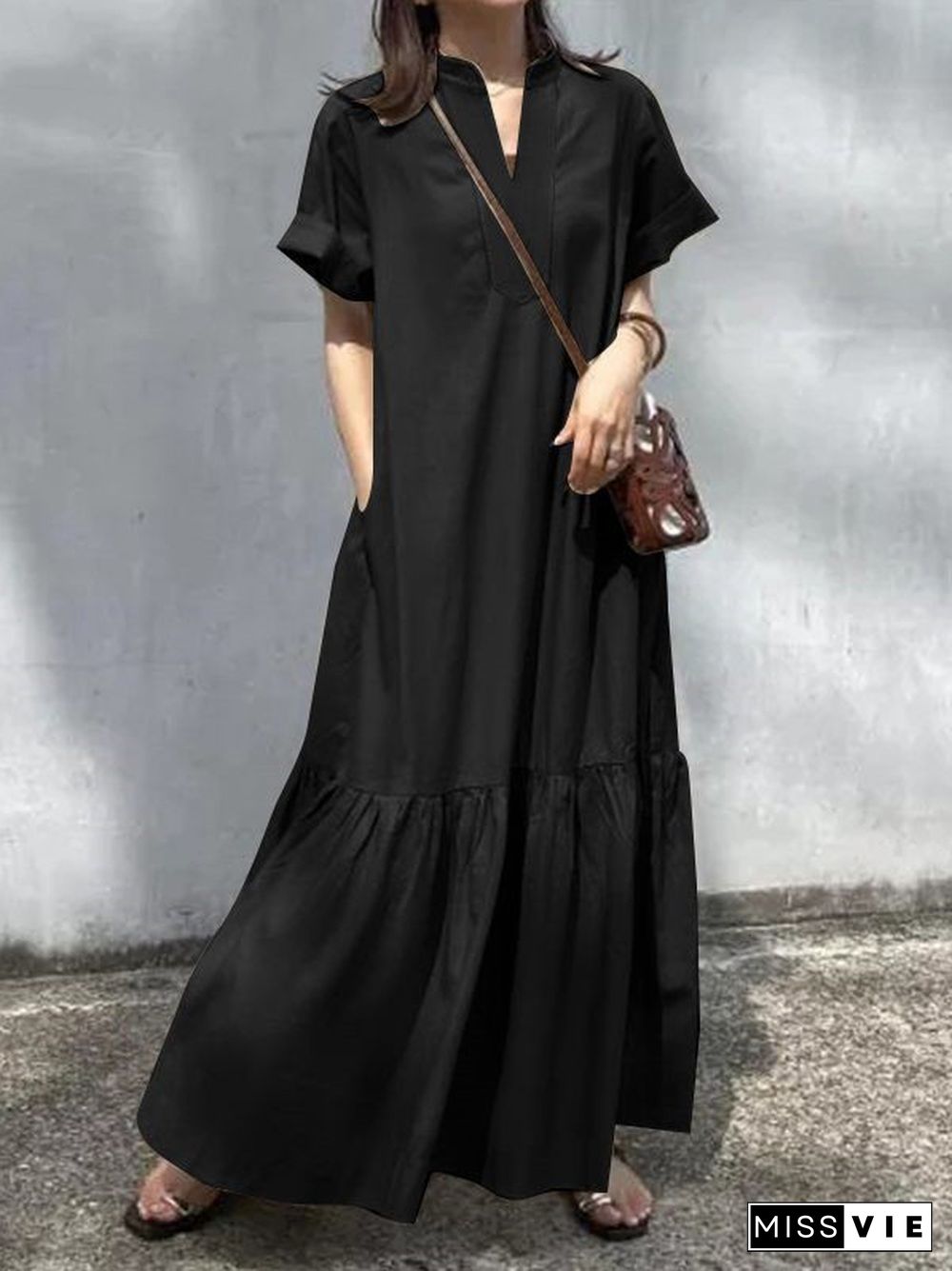 A-Line Loose Solid Color Split-Joint V-Neck Maxi Dresses