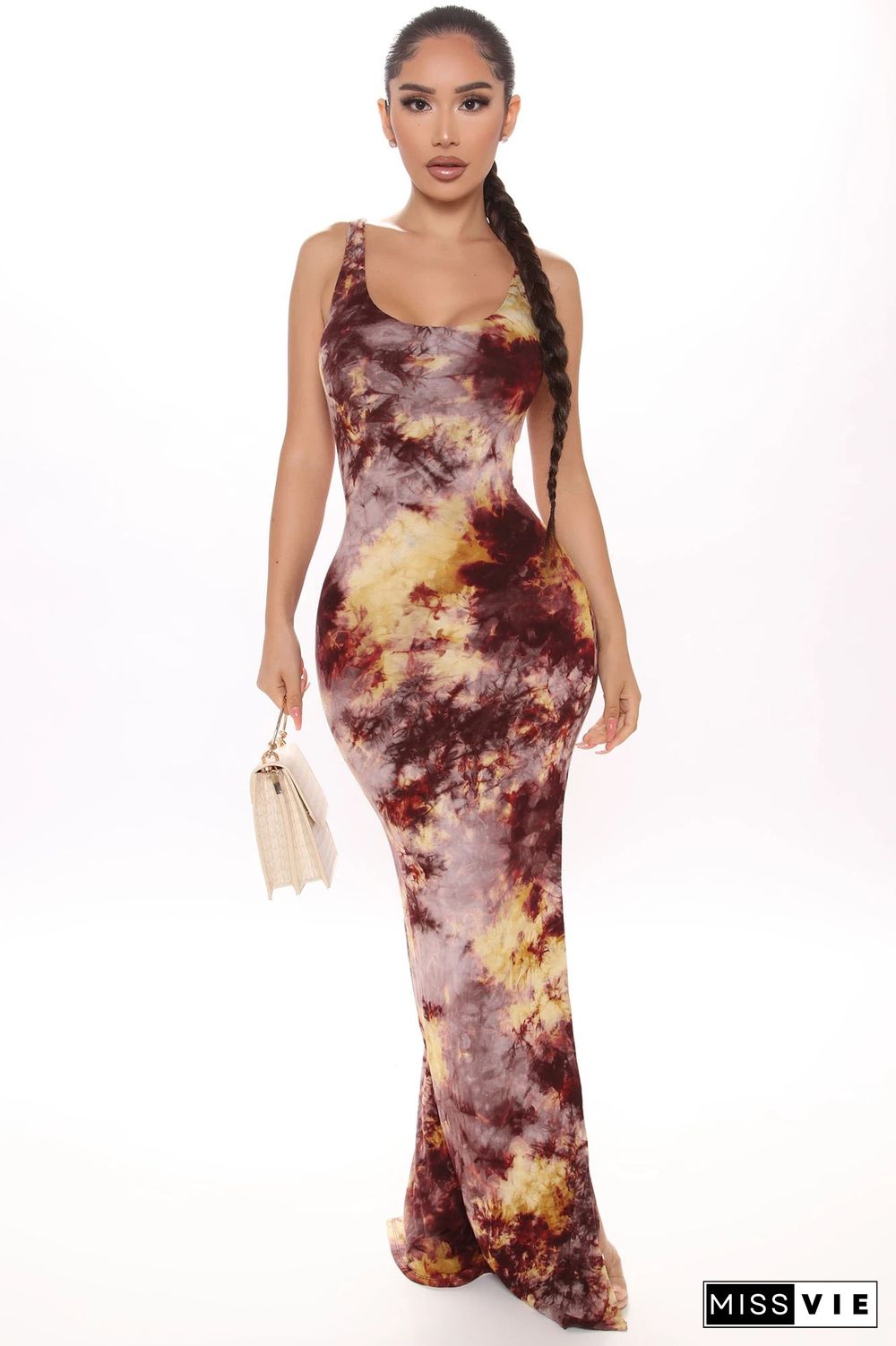 Hot Sales Women Summer New Tie Dye Print Sleeveless Bodycon Classic Beach Holiday Long Dresses