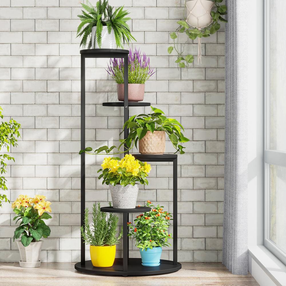 BYBLIGHT Wellston 40.94 in. H Black Round Wood Corner Plant Stand Indoor 5 Tier Potted Ladder Holder Flower Rack BB-U0183-XMX