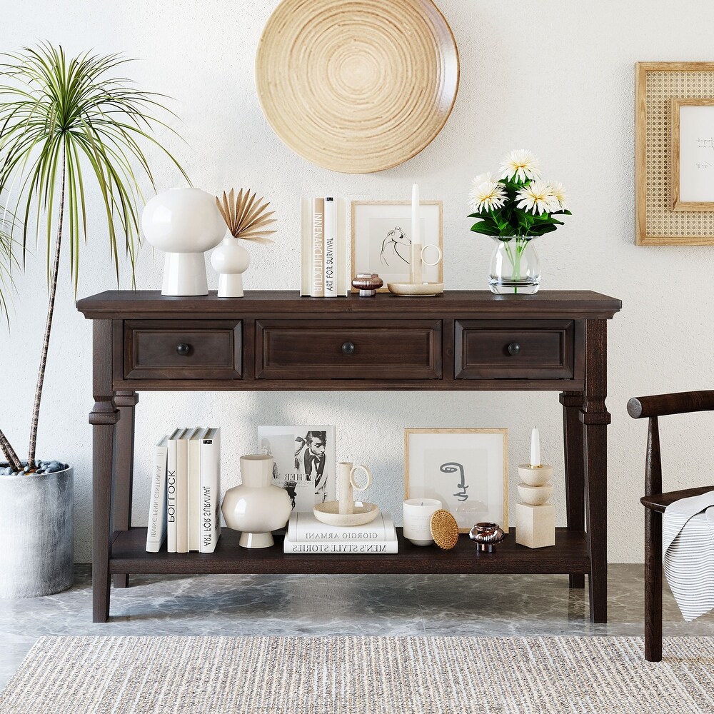 Classic Retro Style Console Table With Three Top Drawers And Open Style Bottom Shelf  Easy Assembly