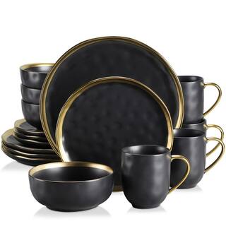 LOVECASA Sweet 16-Piece Black Golden Edge Stoneware Dinnerware Set (Service for 4) LC-GE-DS02