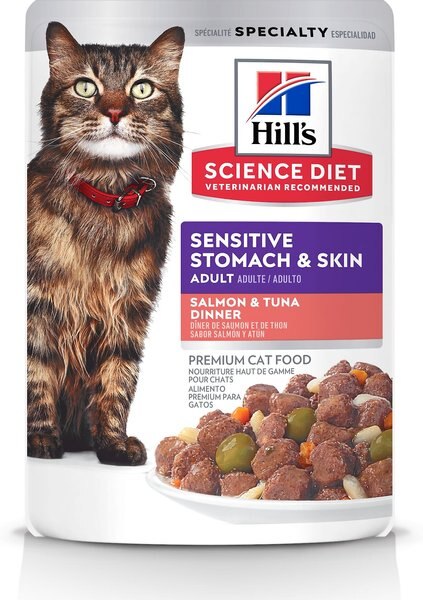 Hill's Science Diet Adult Sensitive Stomach and Skin Salmon and Tuna Wet Cat Food， 2.8-oz pouch， case of 24