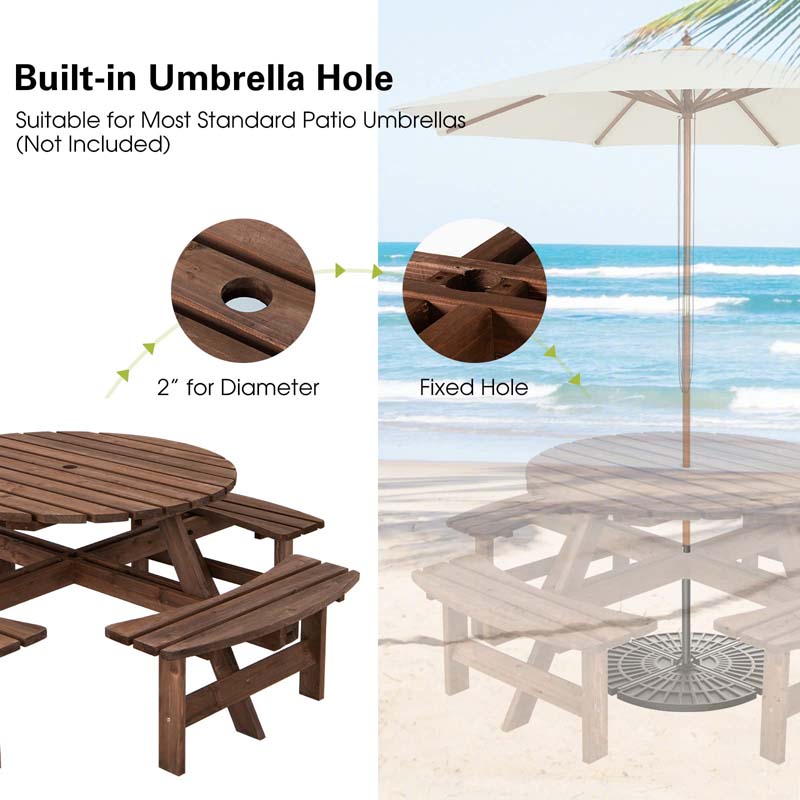 8-Person Outdoor Wooden Round Picnic Dining Table Bench Set with Umbrella Hole & 4 Benches