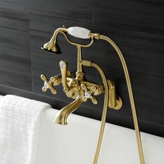 Kingston Brass Aqua Vintage 2-Handle Wall-Mount Clawfoot Tub Faucets with Hand Shower in Brushed Brass HAE57T7