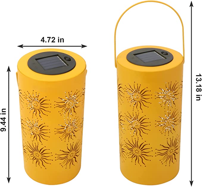 SAKURA Solar Hanging Lantern Outdoor Metal Solar Lamp Sun Patterns LED Light Decorative Solar Lights with Handle Waterproof Plastic and Metal for Garden Patio， Yellow， Warm White Light