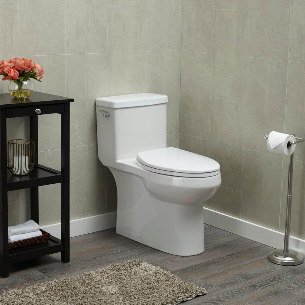 Foremost 1Piece 128 GPF Single Flush Elongated Toilet FM trim in White with Slow Close Toilet Seat Included