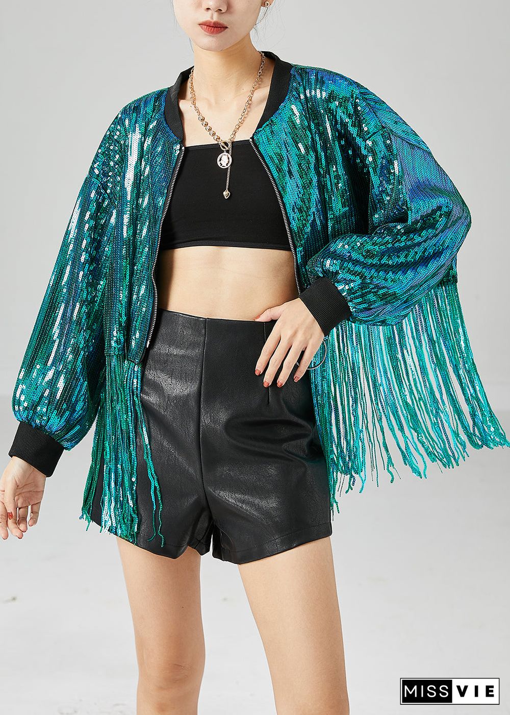 Casual Peacock Green Tasseled Sequins Jackets Summer