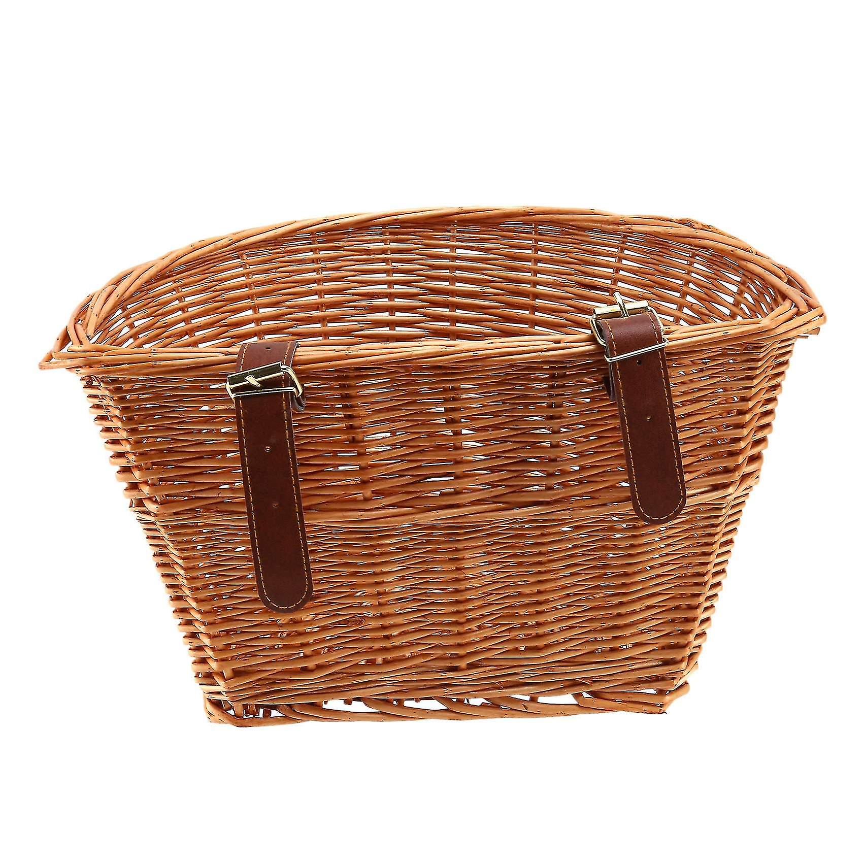 Retro， Handmade， Wicker Bicycle Front Basket With Leather Straps