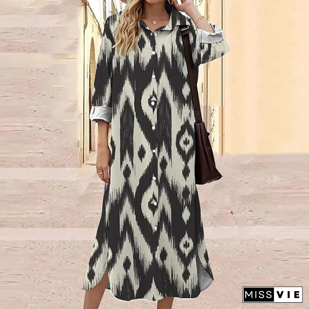 Autumn Women Harajuku Print Shirt Dress Casual Single-Breasted Loose Maxi Dress Vintage Long Sleeve Street Shirts Dress Vestidos