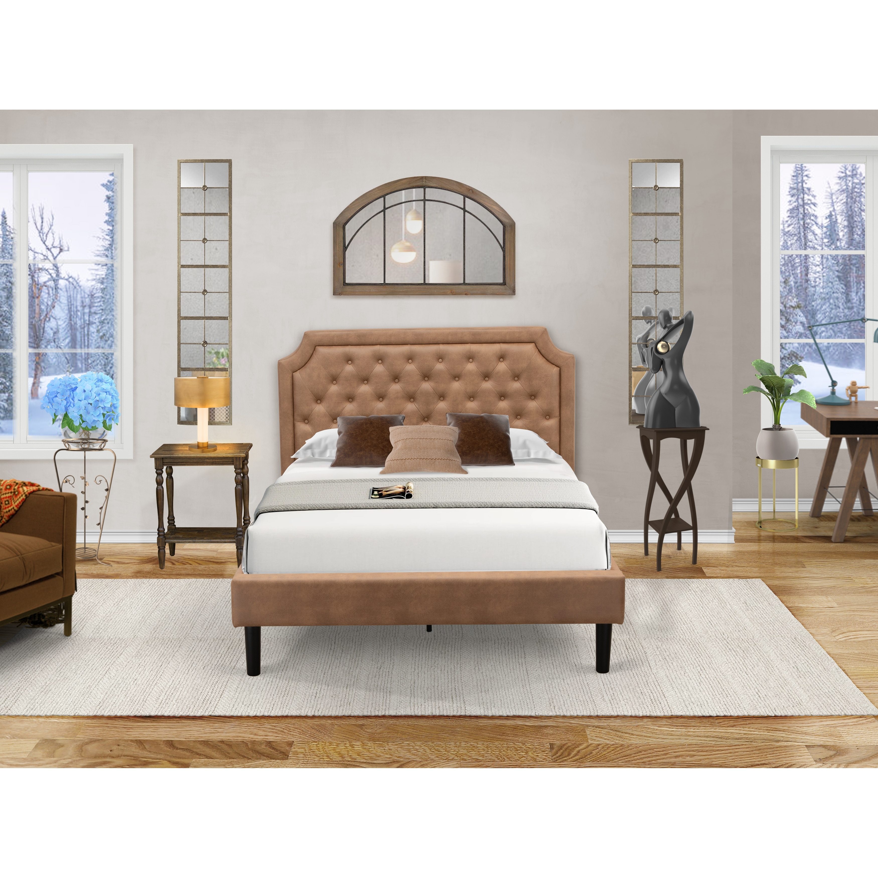 Platform Bedroom Set- Dark Brown Faux Leather Upholstered Bed with Black Legs - Distressed Jacobean Nightstand(Size Options) - - 34702909