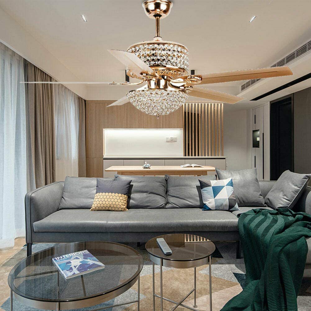 Anqidi 52 Inch Crystal Ceiling Fan Light Modern Gold Pendant Fan Lamp 5-Blades 3-Speed Ceiling Fan Chandelier with Remote