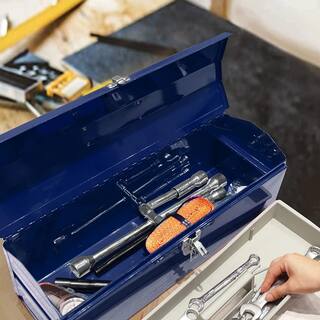 TCE 19.1 in. L x 6.1 in. W x 6.5 in. H Hip Roof Style Portable Steel Tool Box with Metal Latch Closure Blue ATB101U