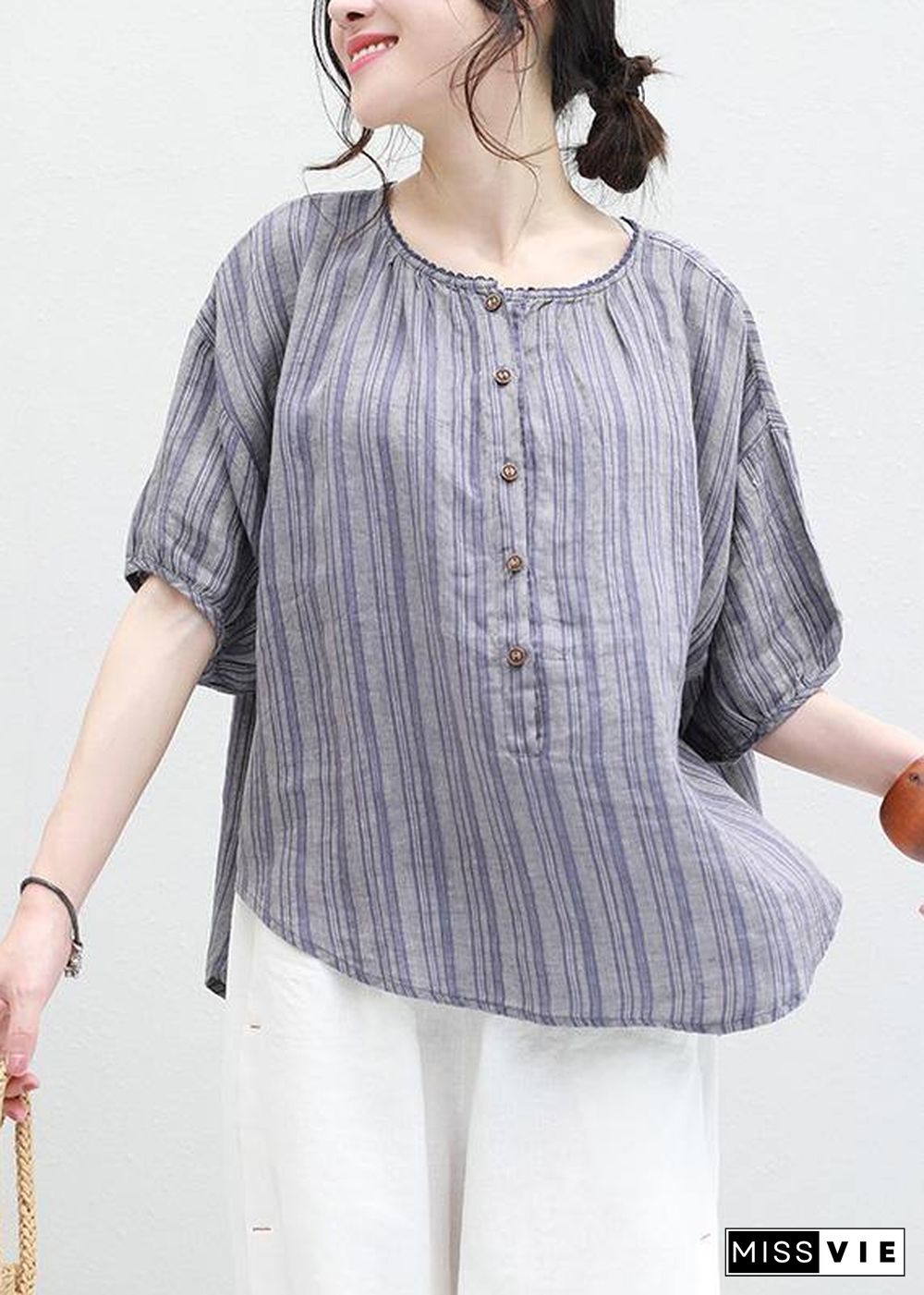 Organic blue striped linen box top o neck half sleeve oversized summer blouse