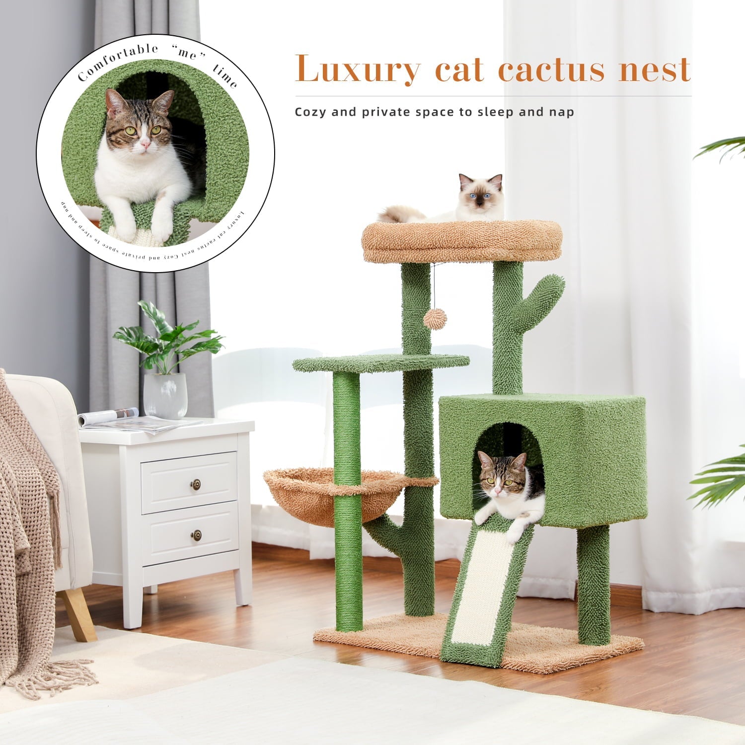 Cat Tree 41 Inches Cactus Cat Tower with Sisal Covered Scratching Post and Cozy Condo for Indoor Cats, Cat Climbing Stand with Plush Perch &Soft Hammock for Multi-Level Cat Play House