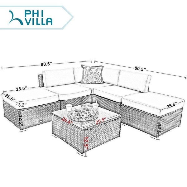 6Piece Outdoor Sectional Sofa Rattan Patio Furniture Set Conversation Set with Tea Table