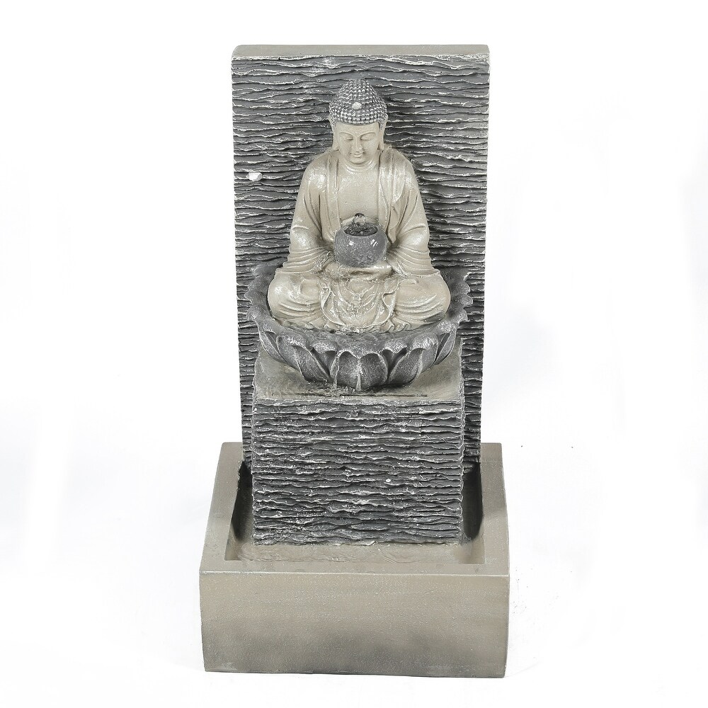 Grey Resin Meditating Buddha on Pedestal Outdoor Patio Fountain with LED Light