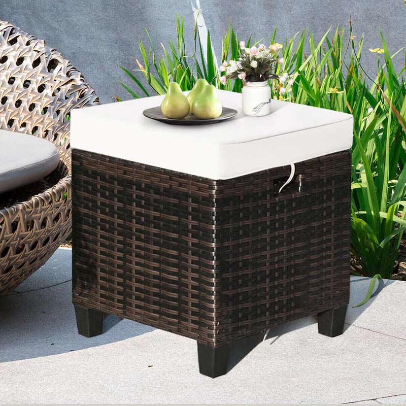 2 Pcs Rattan Patio Ottoman Set with Removable Cushions, All Weather Wicker Outdoor Footstool Footrest Seat