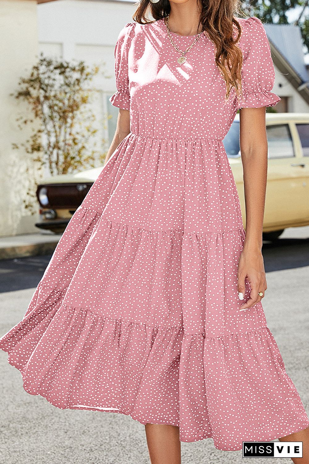 Polkadot Print Puff Sleeve Long Dress Wholesale