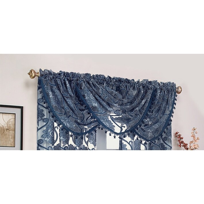 Milawi Jacquard Sheer Rod Pocket Panel And Valance Treatments  Navy