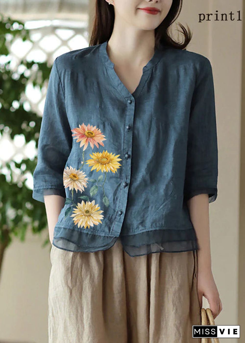 Casual Blue-print2 V Neck Embroideried Solid Ramie Shirt Half Sleeve