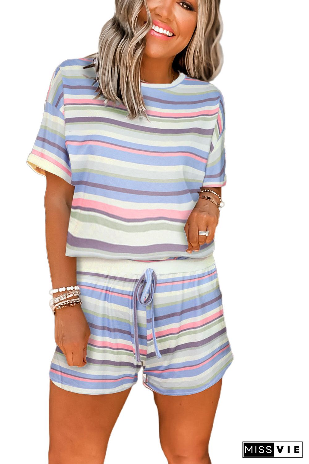 White Striped Print Tee and Shorts Lounge Set