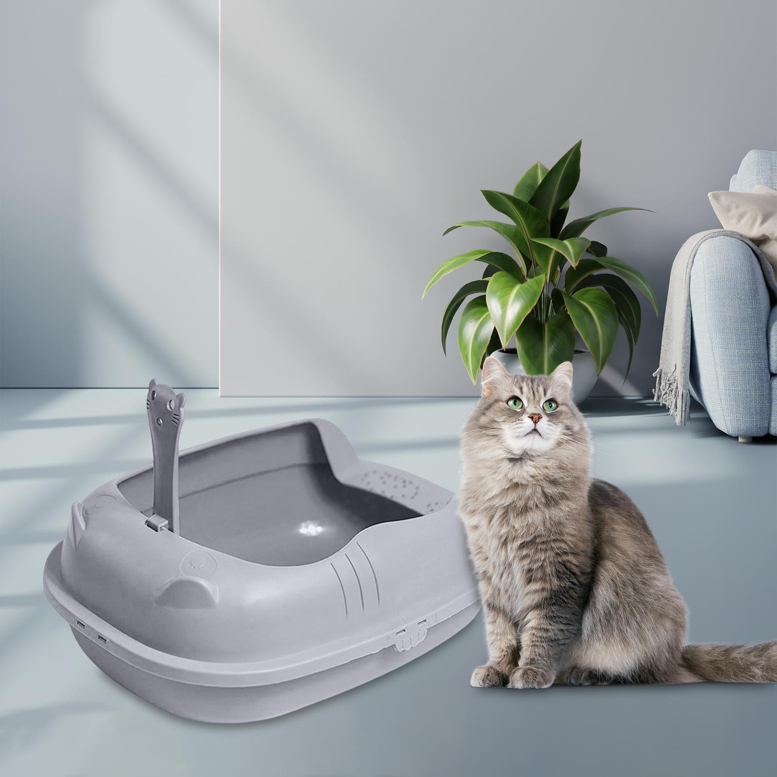 Cat Litter Box Bedpan Sand Box Container Durable Toilet Semi Enclosed Splashproof Cat Litter Tray for Rabbits， Cats， Kitty ， Gray