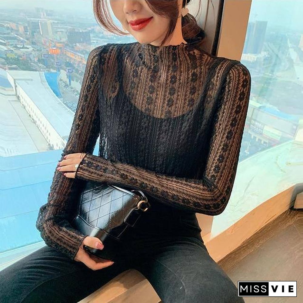 New Transparent Korean Loose Women Lace Blouse 3 Colors Female Bottoming Blouses Plus Size Cheaper Tops