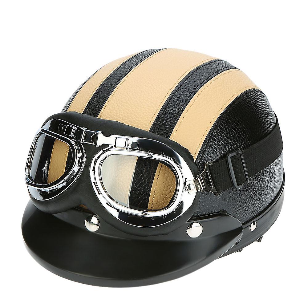 Motorcycle Scooter Open Face Half Leather Helmet With Visor Uv Goggles Retro Vintage Style 54-60cm